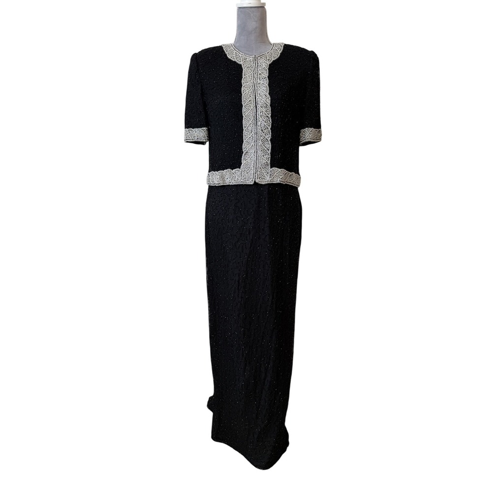 Camille Marie Sz‎ MED 100% Silk Beaded evening gown Formal Black Tie Dress MOB